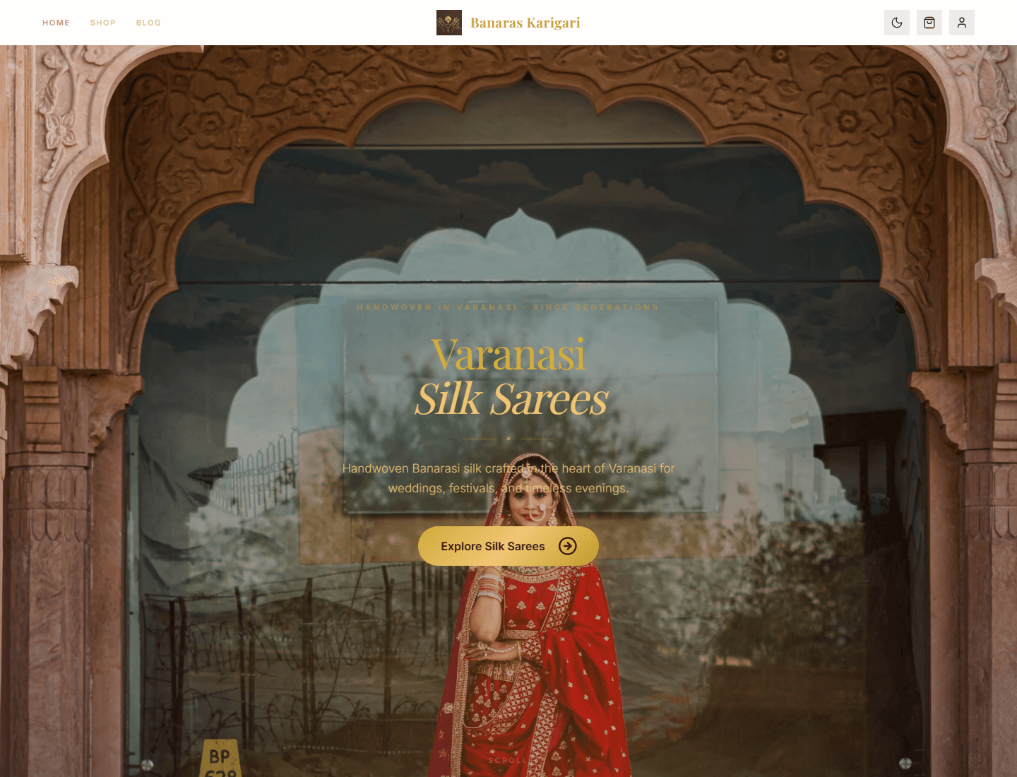 Homepage of Banaras Karigari showing the silk saree hero, navigation, and shop CTA