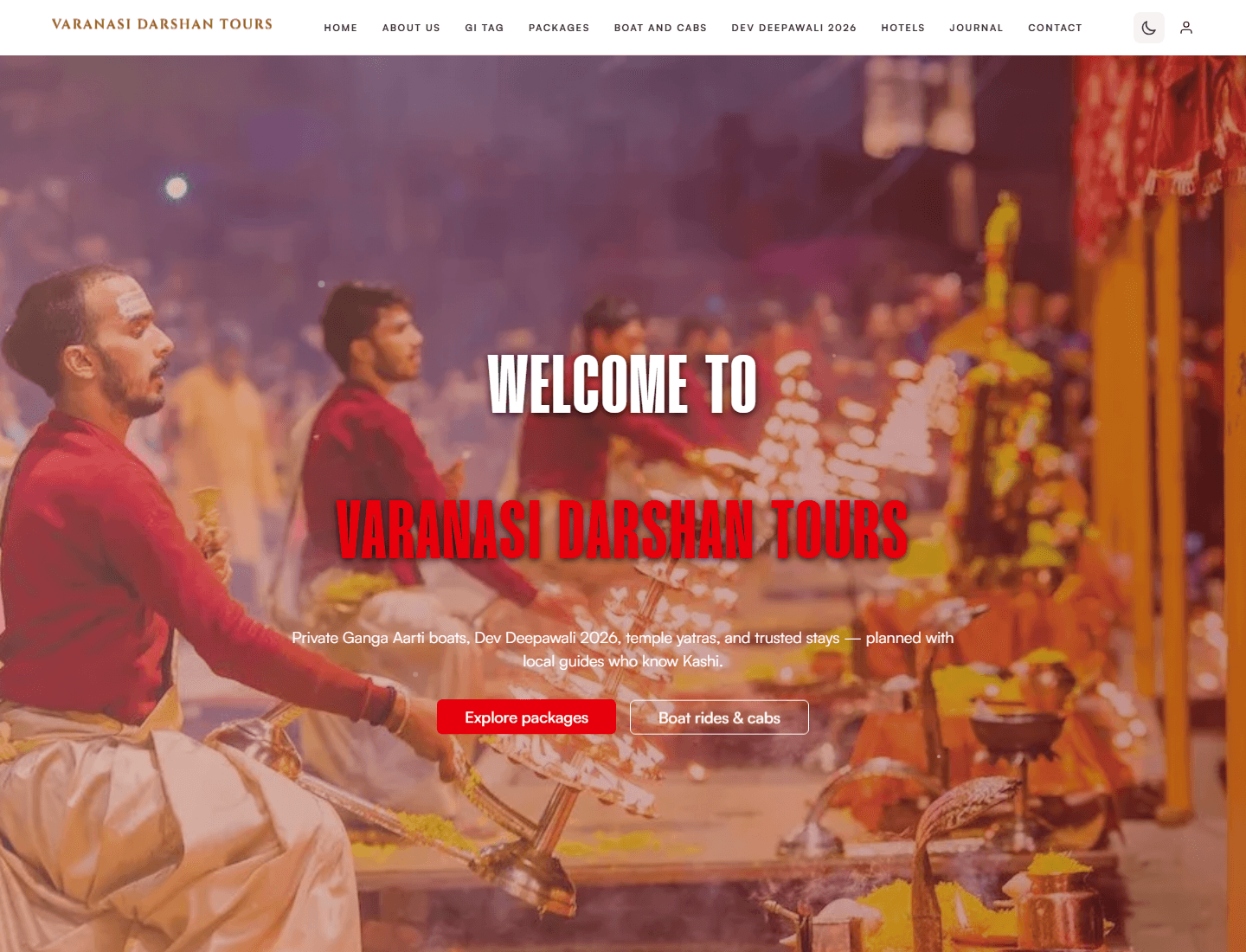 Homepage of Varanasi Darshan Tours showing the Ganga Aarti hero, navigation, and package CTAs